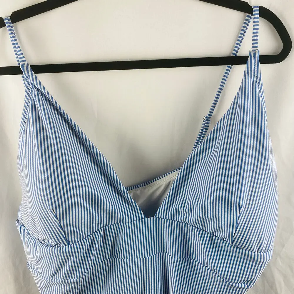 J. Crew Seersucker White Blue Striped Plunge‎ One-Piece Swimsuit Size 24 NWT
